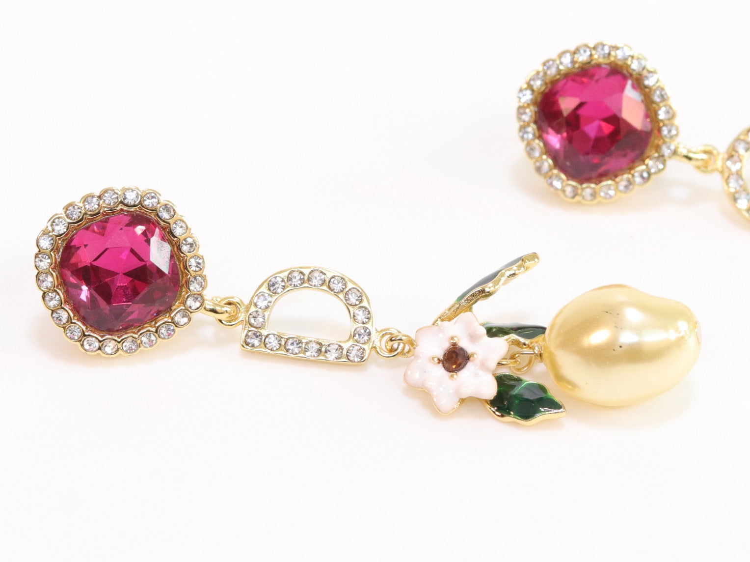 Alphabet D and G multicoloured long dangles in gold finish with cz
