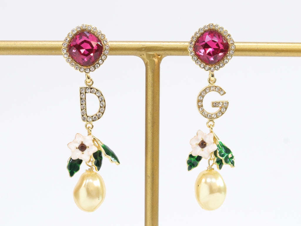 Alphabet D and G multicoloured long dangles in gold finish with cz