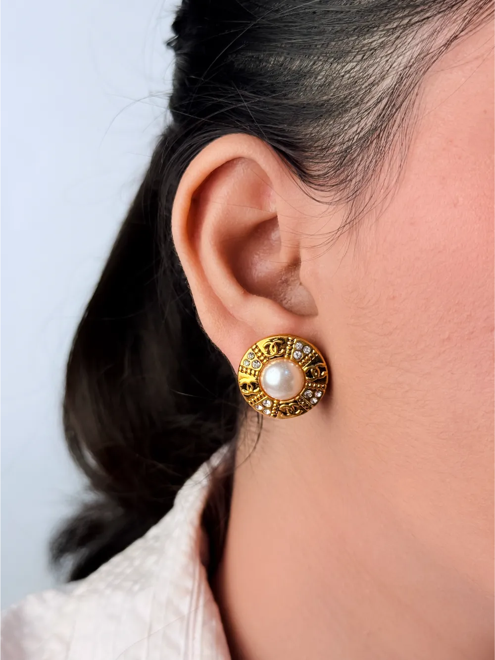 Gold Pearl and CZ Round Stud Earrings