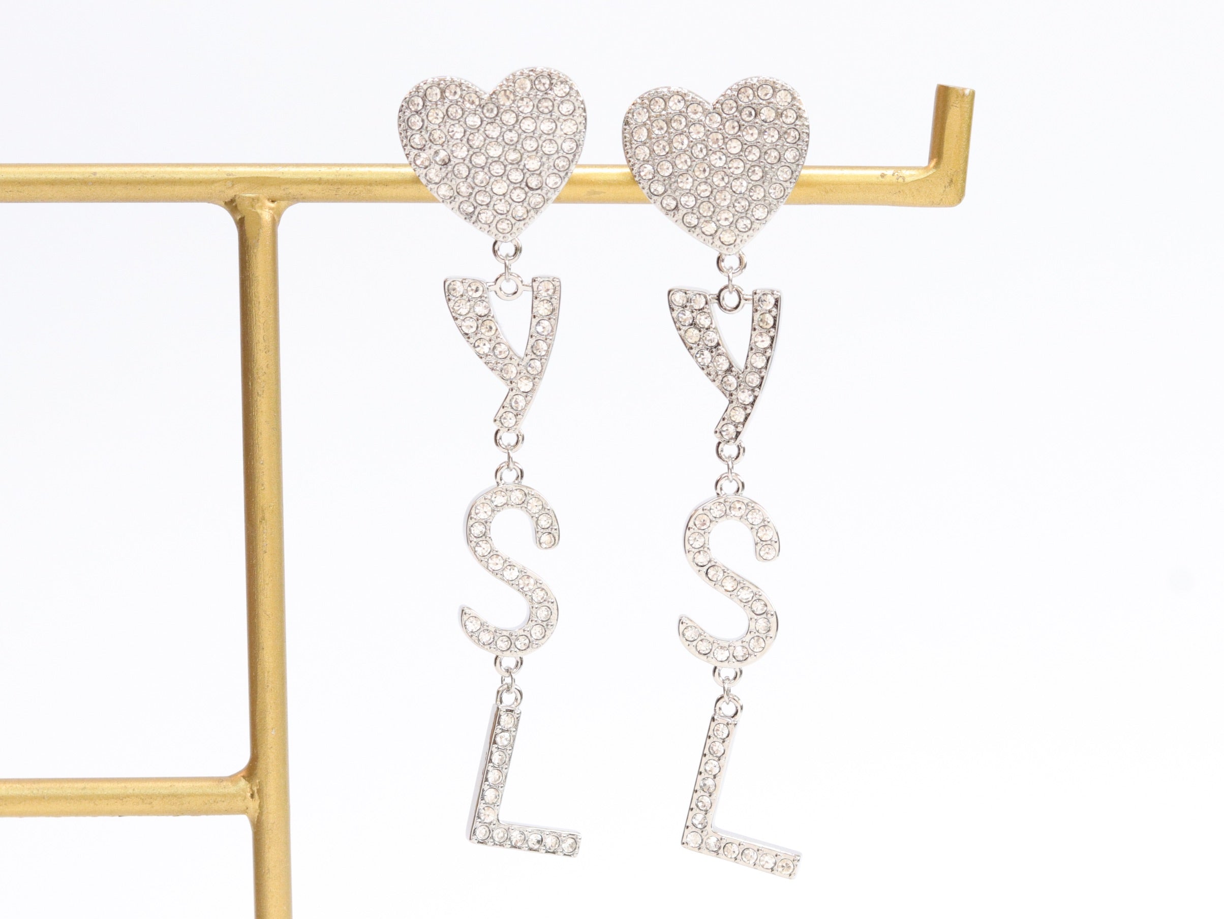 Alphabet Y S and L heart dangles in platinum finish in cz
