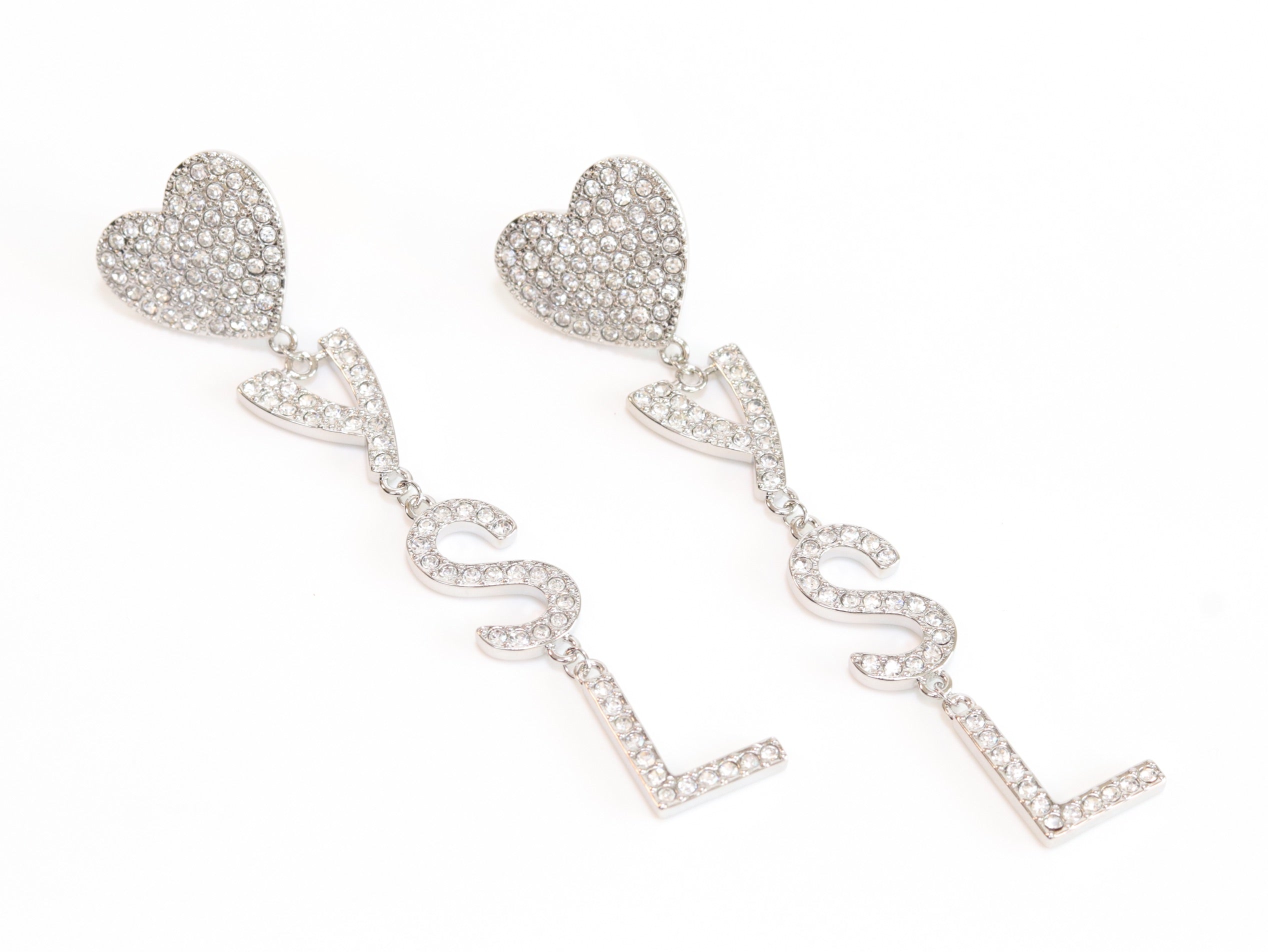 Alphabet Y S and L heart dangles in platinum finish in cz