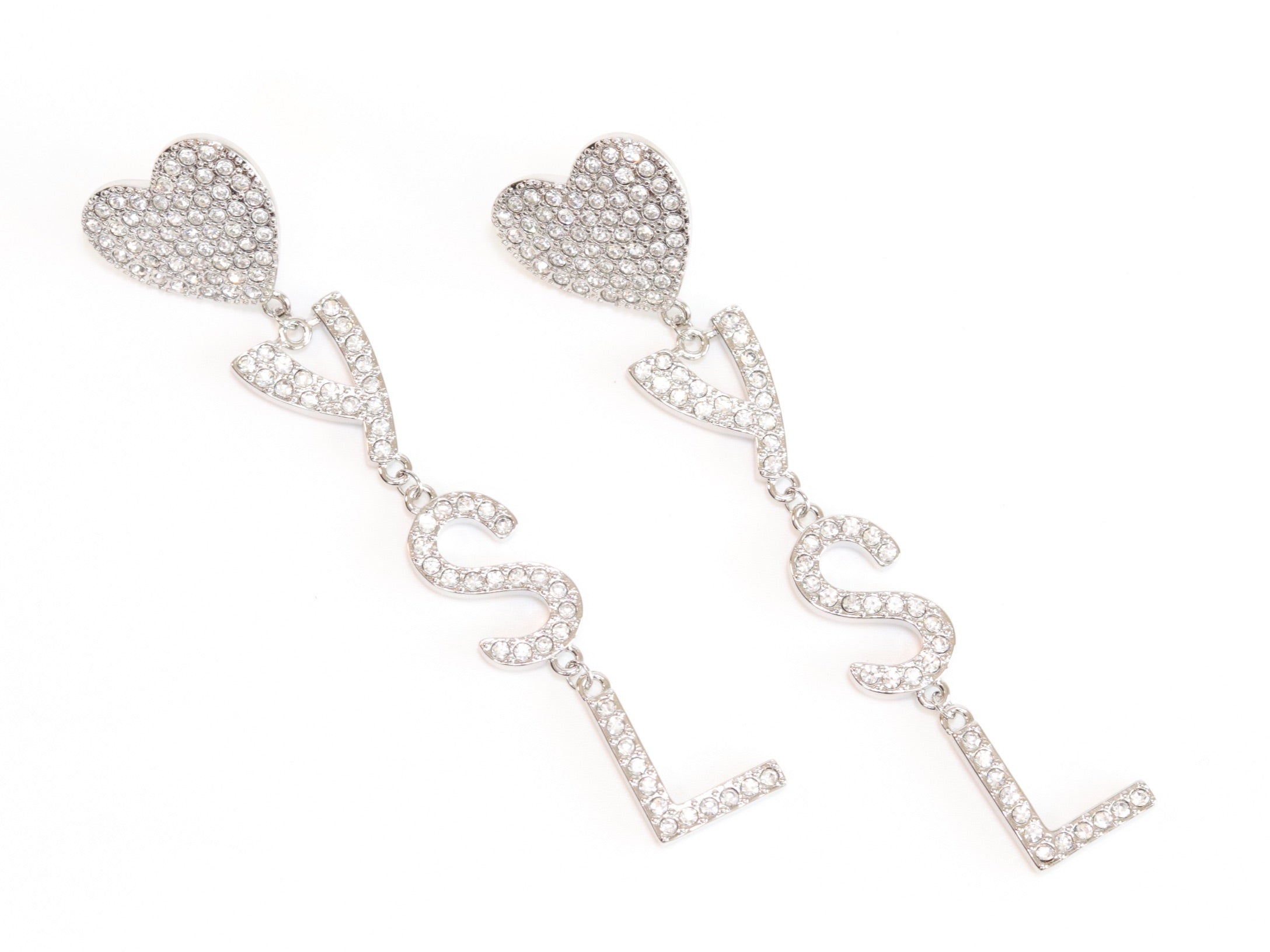 Alphabet Y S and L heart dangles in platinum finish in cz