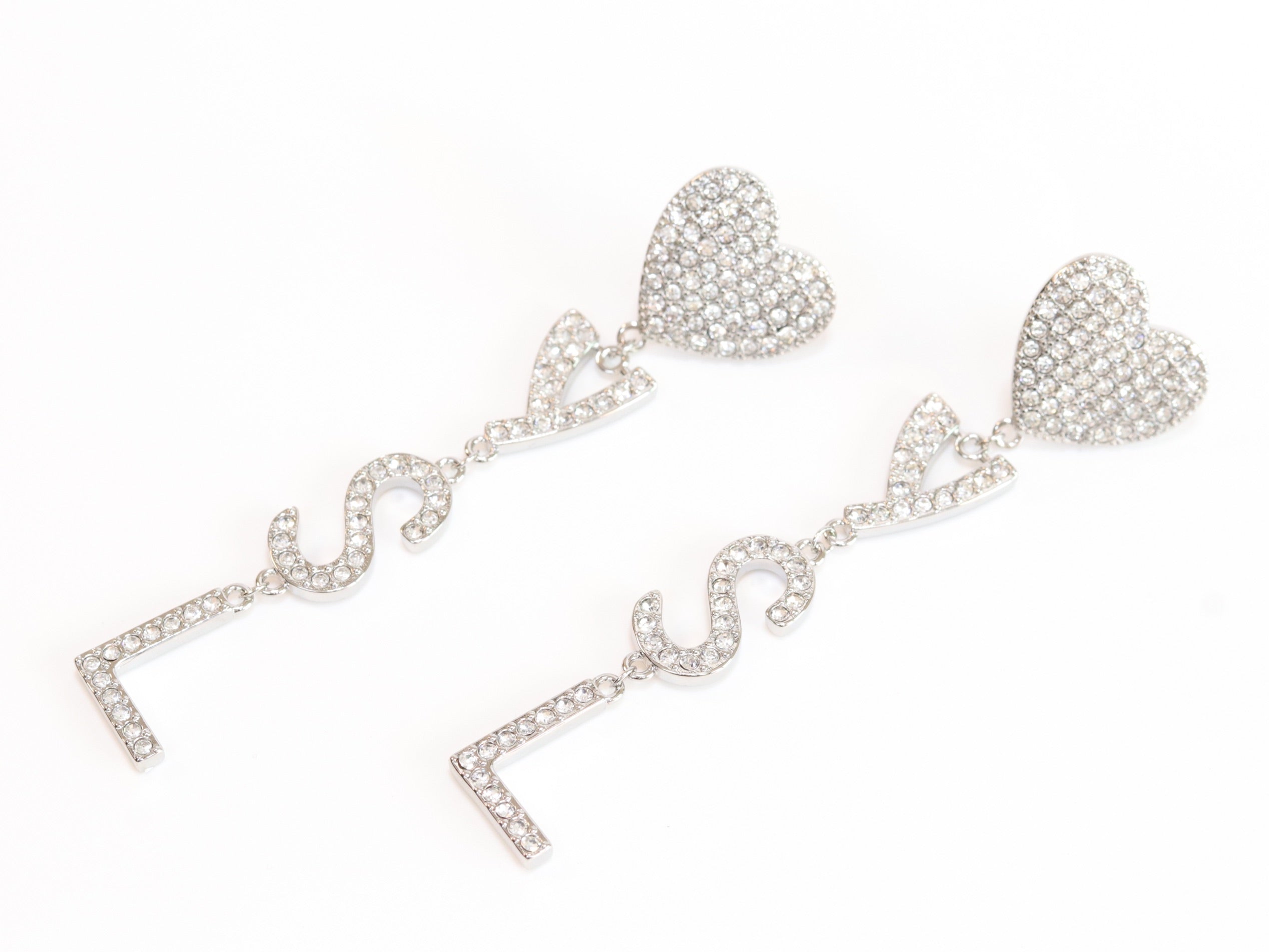 Alphabet Y S and L heart dangles in platinum finish in cz