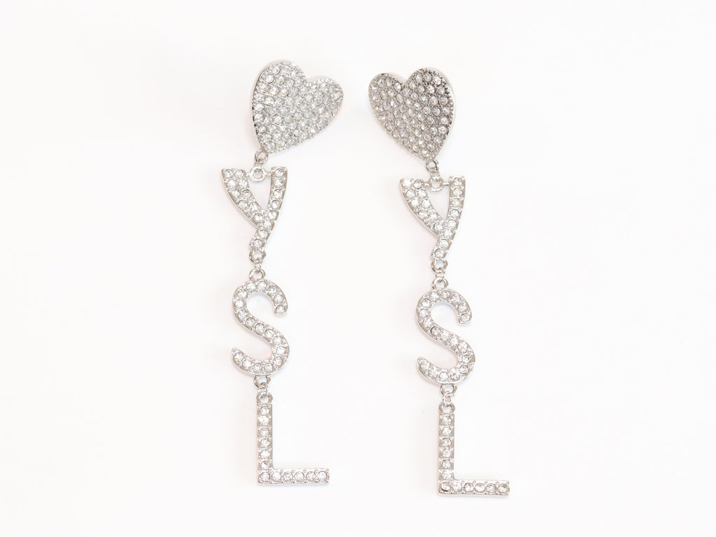 Alphabet Y S and L heart dangles in platinum finish in cz