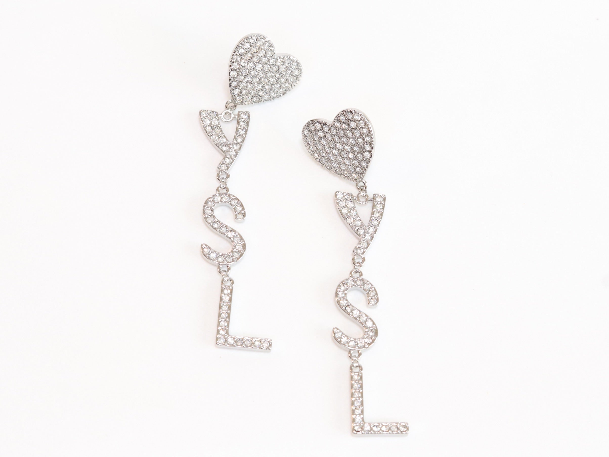 Alphabet Y S and L heart dangles in platinum finish in cz