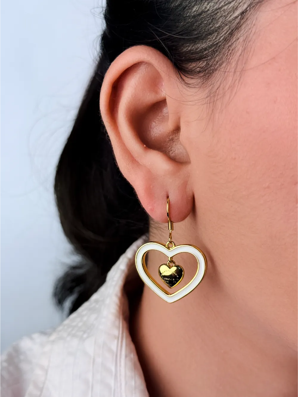 Gold and white Double Heart Drop Earrings