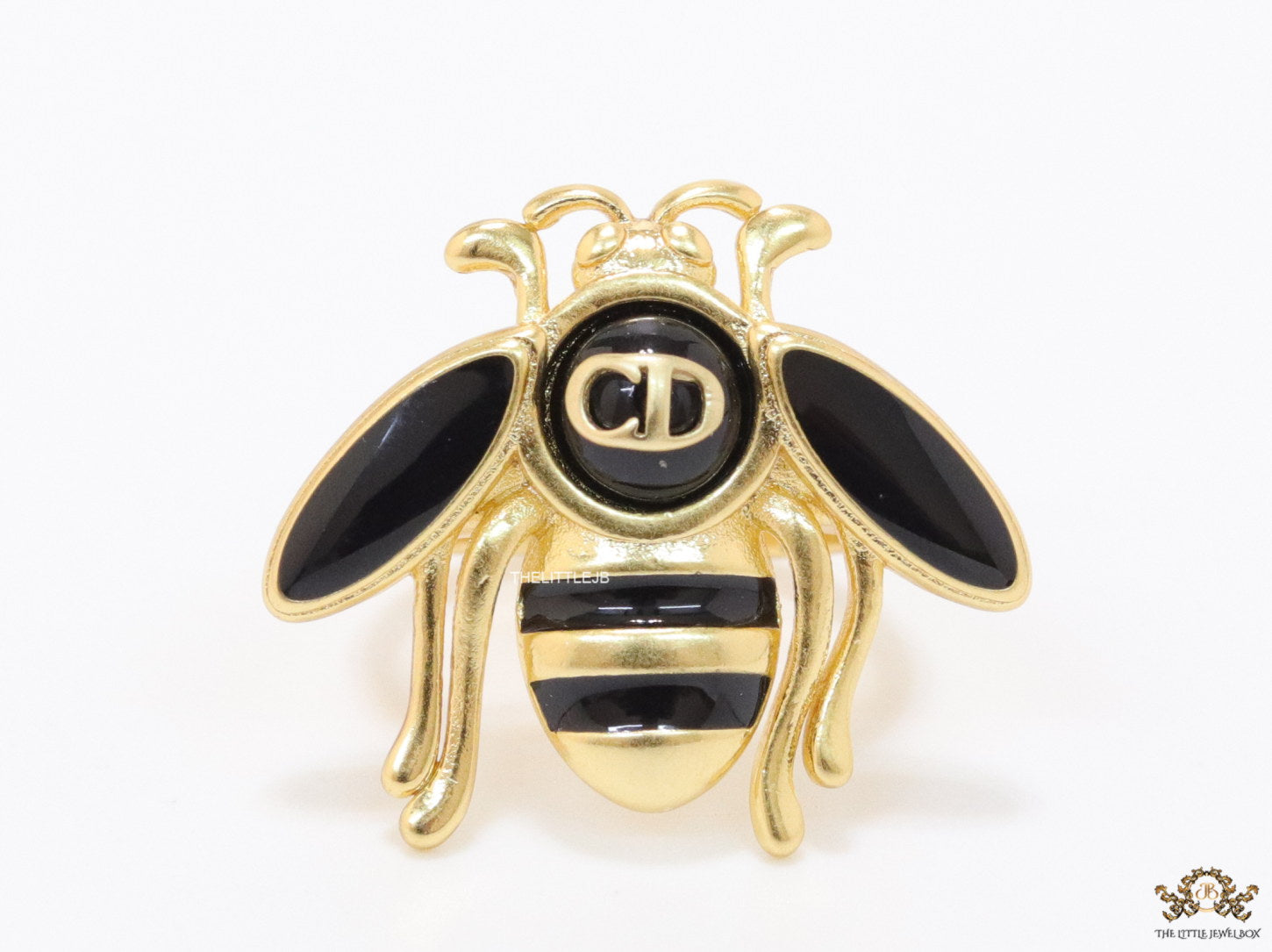 Black and golden bee open ring with alphabet