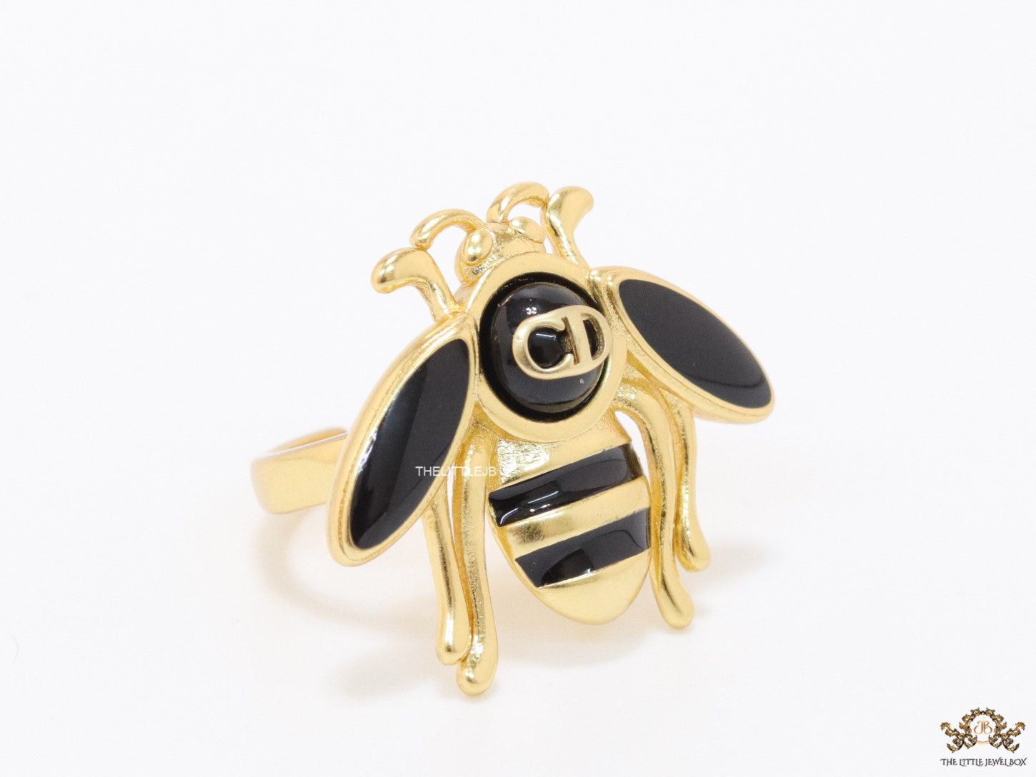 Black and golden bee open ring with alphabet