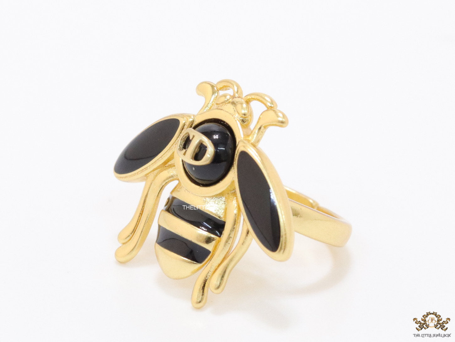 Black and golden bee open ring with alphabet