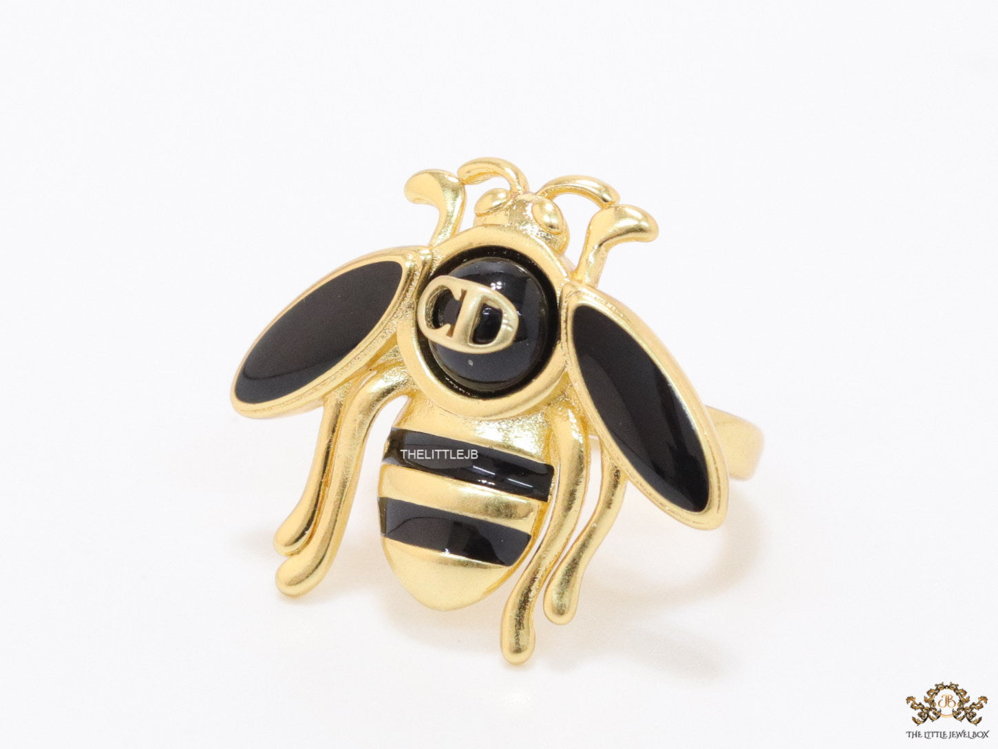 Black and golden bee open ring with alphabet