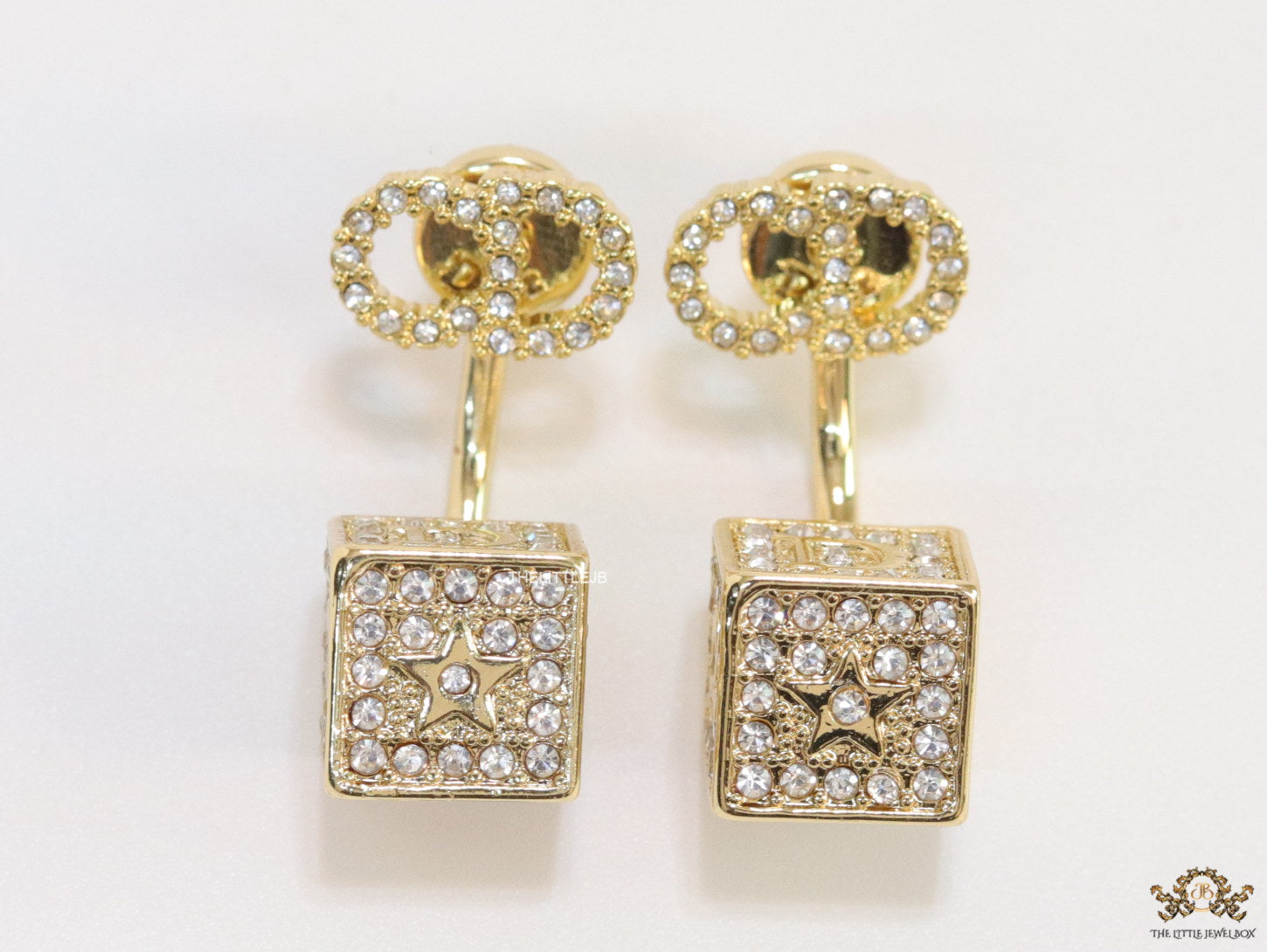 Golden cz tops with alphabet inscribed cz cube drops