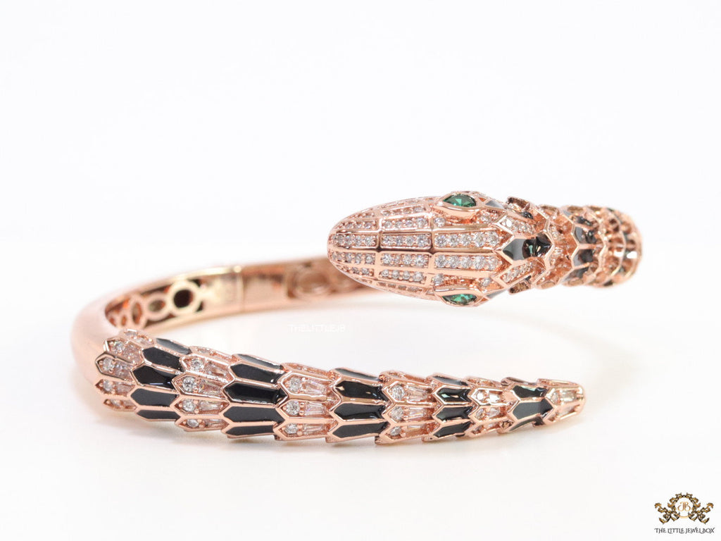 Top open snake black enamel bracelet with rose gold plating and cubic zirconia stones