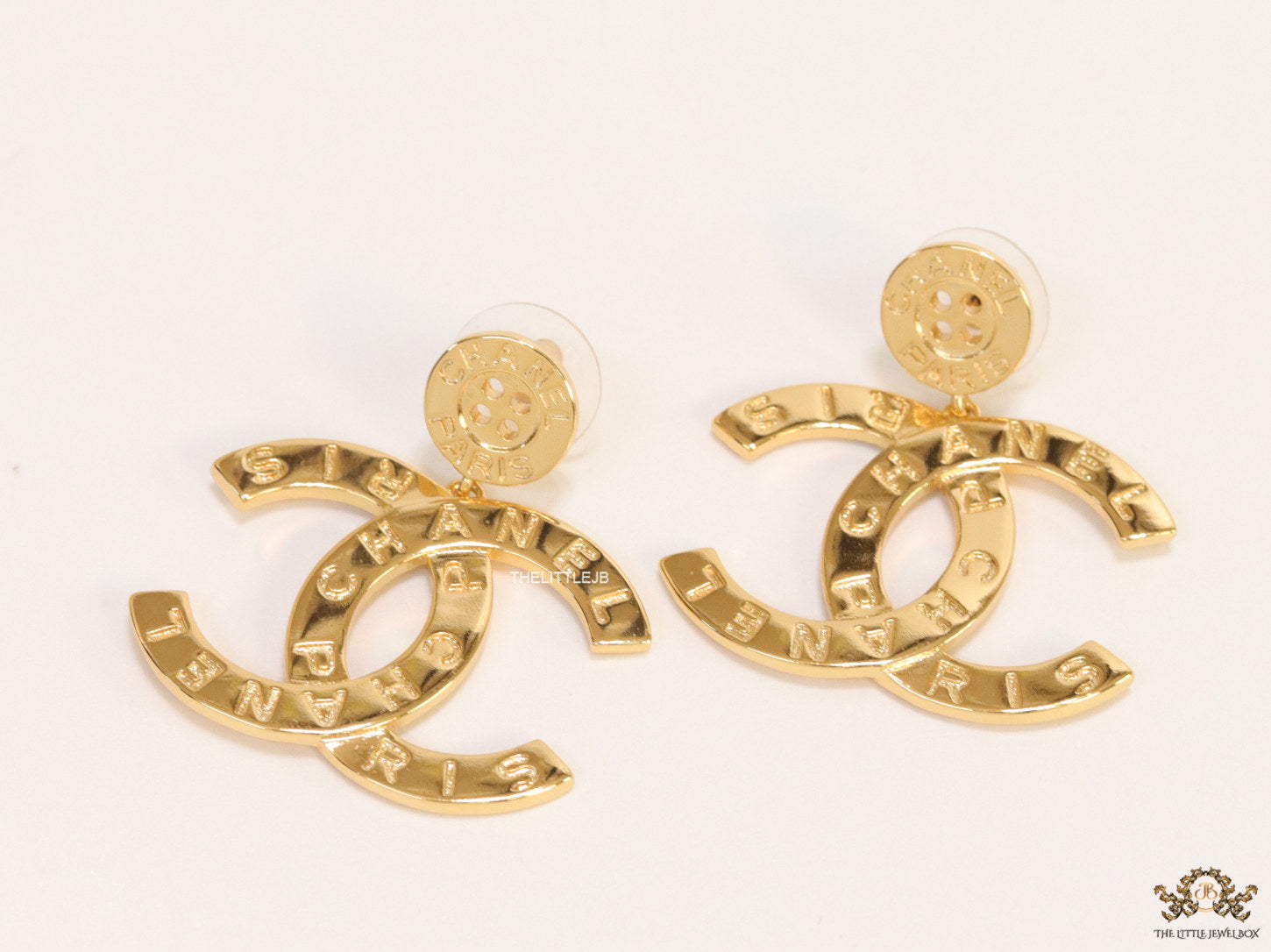 Golden button tops with alphabet inscribed twin C drops