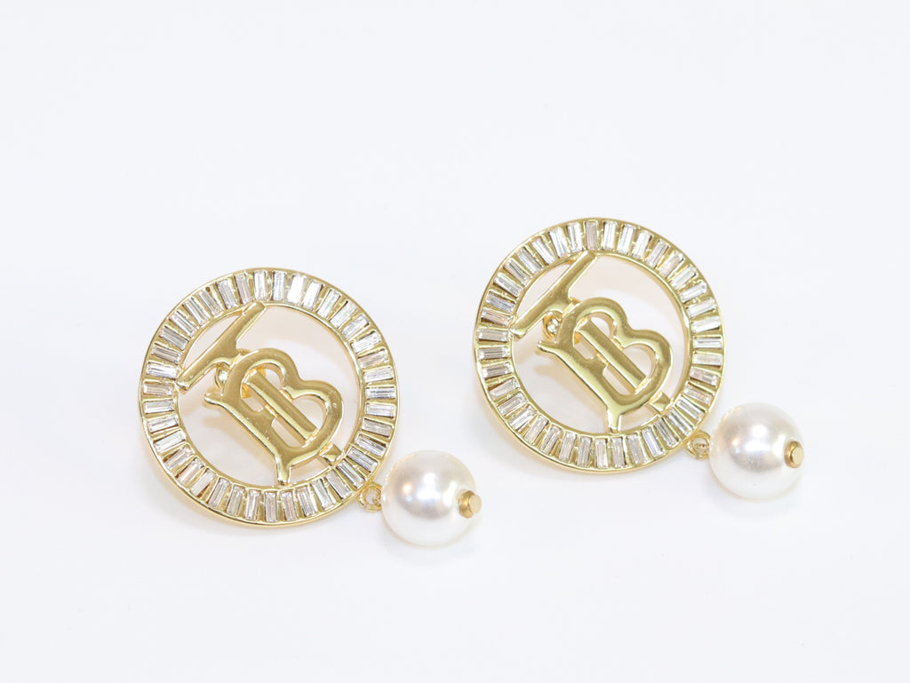 Alphabet B gold circle earrings with pearl and CZ
