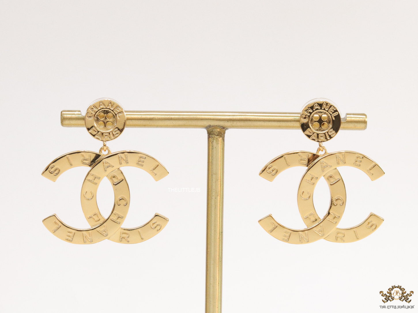 Golden button tops with alphabet inscribed twin C drops