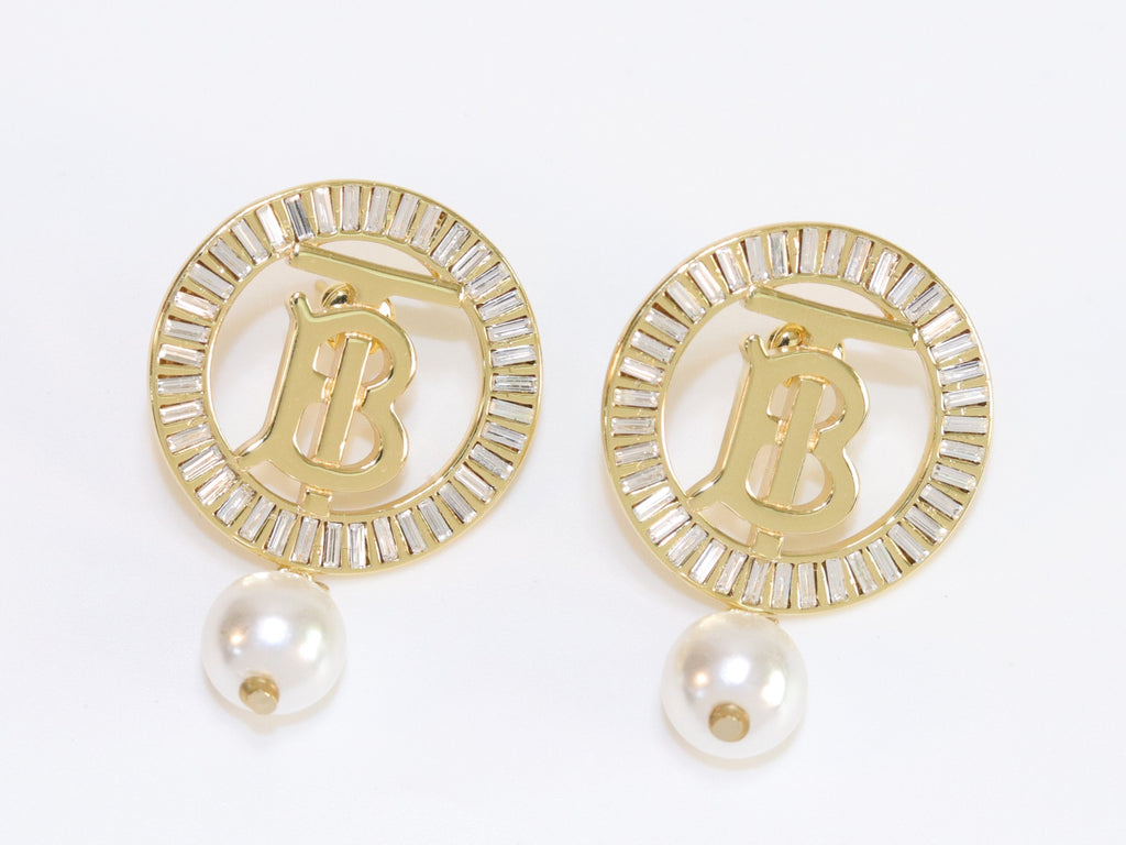 Alphabet B gold circle earrings with pearl and CZ