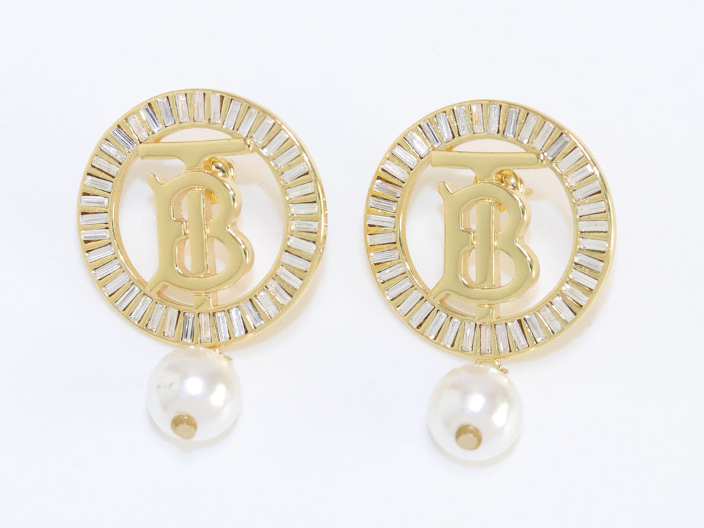 Alphabet B gold circle earrings with pearl and CZ