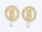 Alphabet B gold circle earrings with pearl and CZ
