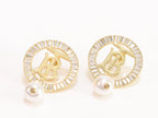 Alphabet B gold circle earrings with pearl and CZ