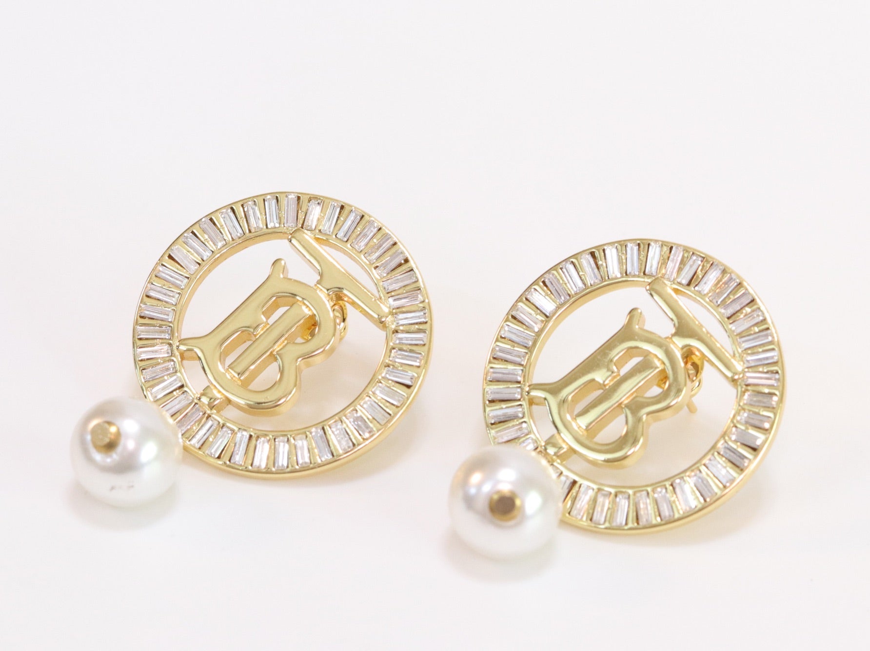 Alphabet B gold circle earrings with pearl and CZ