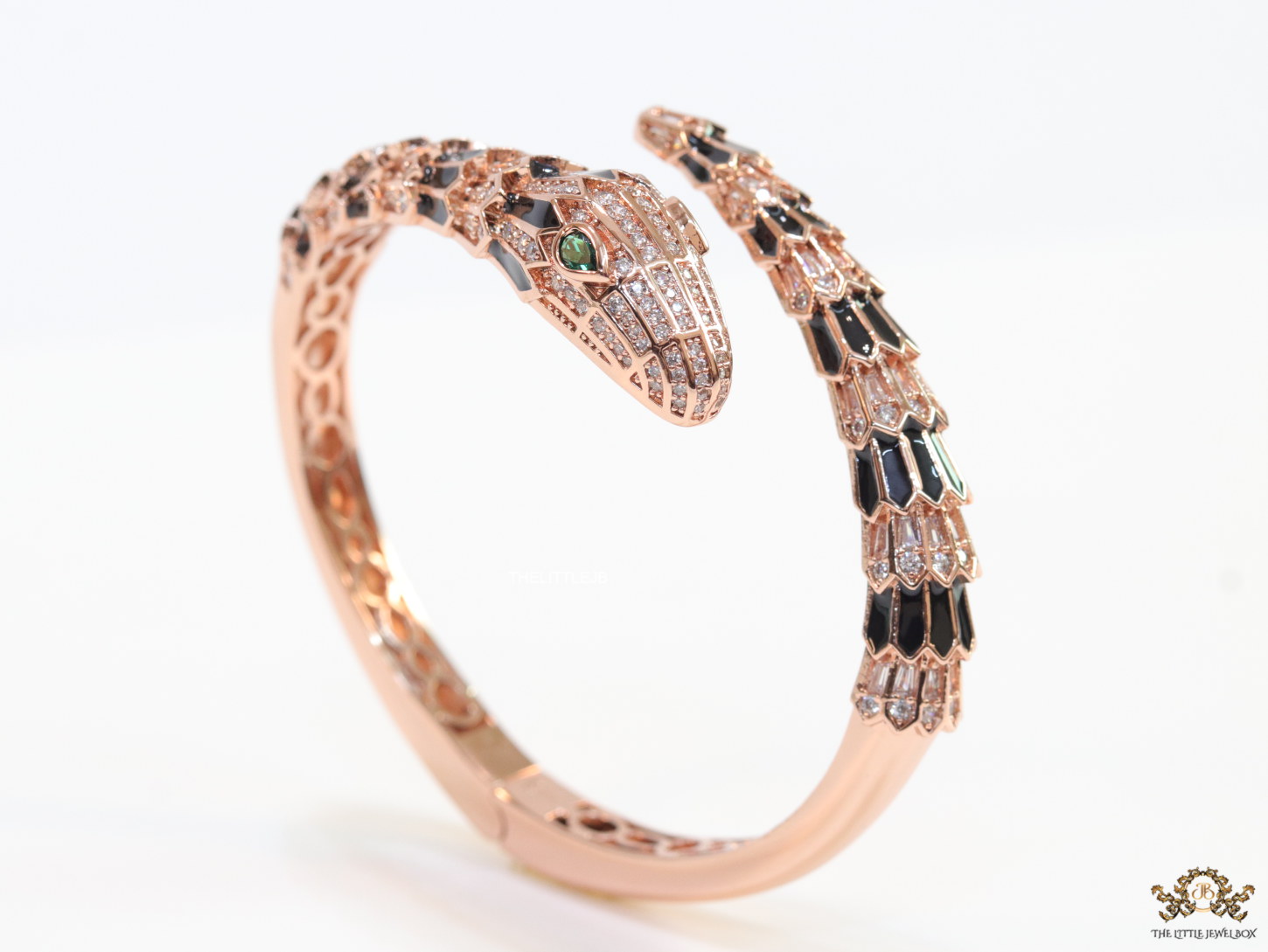 Top open snake black enamel bracelet with rose gold plating and cubic zirconia stones
