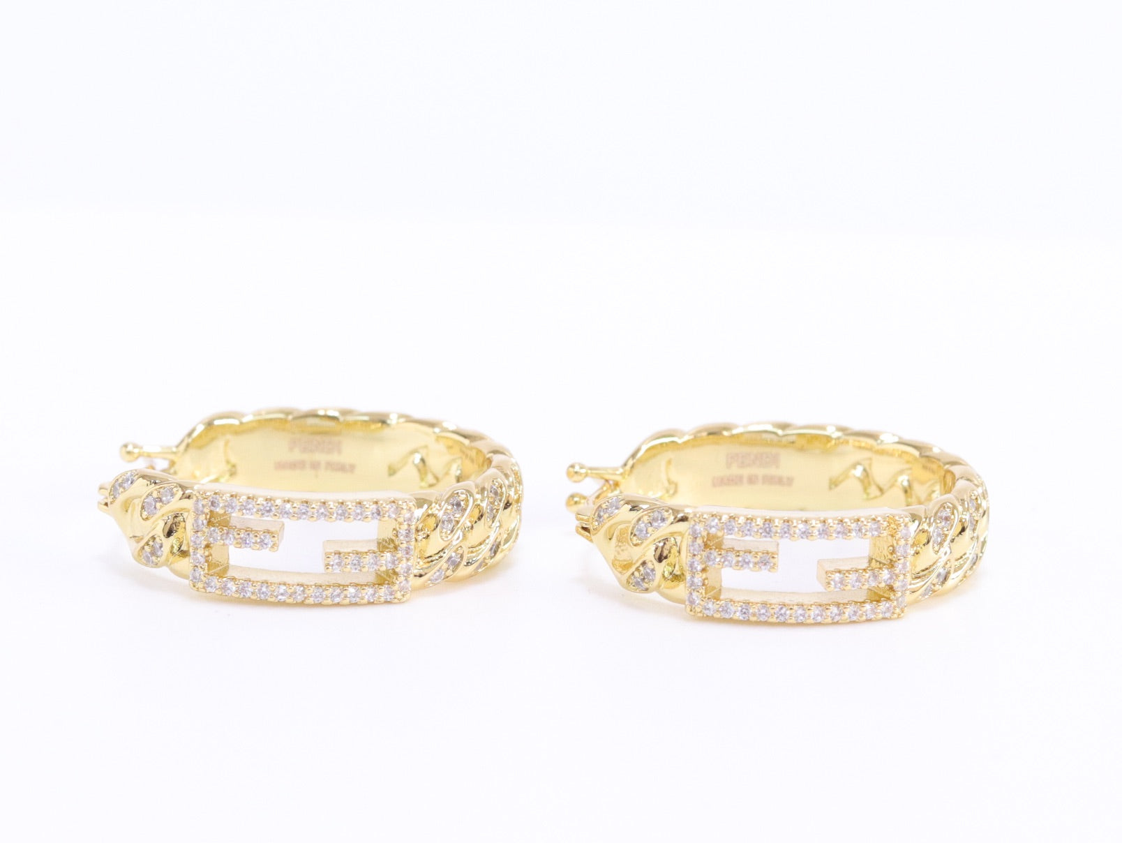 Double F hoops in gold finish with cz