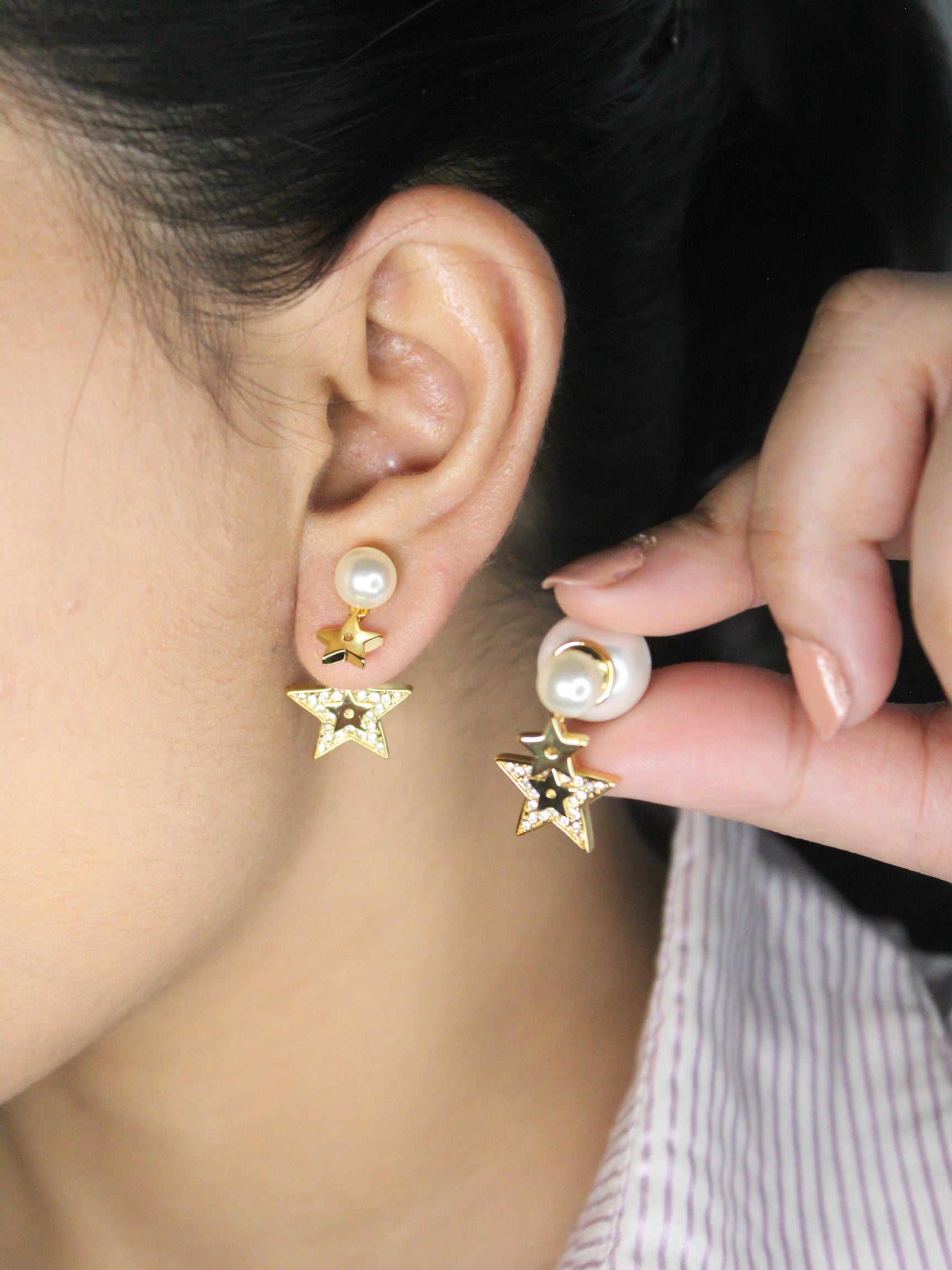 Alphabet CD Pearl CZ bomber star charm earrings