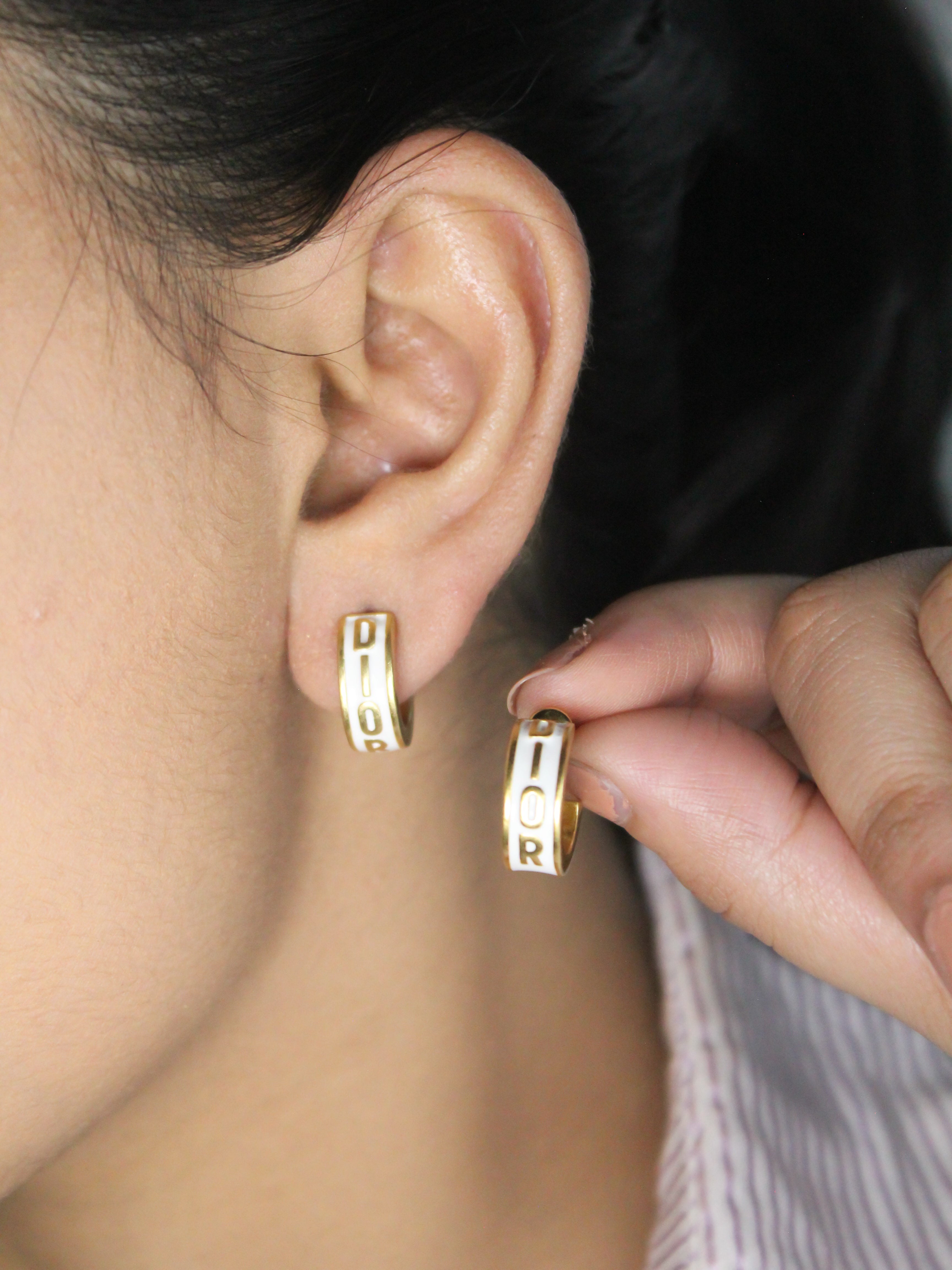 Alphabet D white hoops with gold detaling