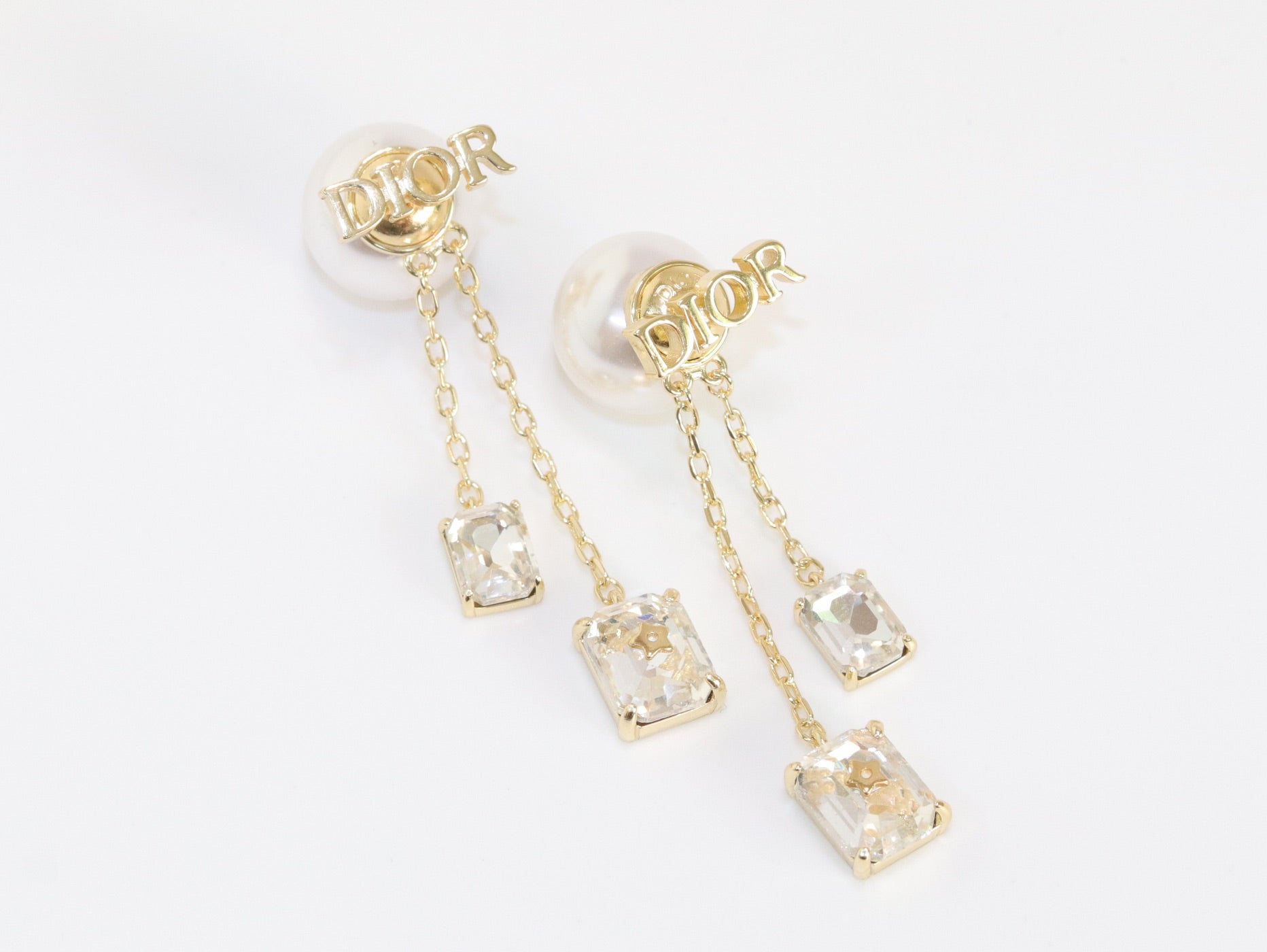 Alphabet C and D dangling pearl studs with CZ