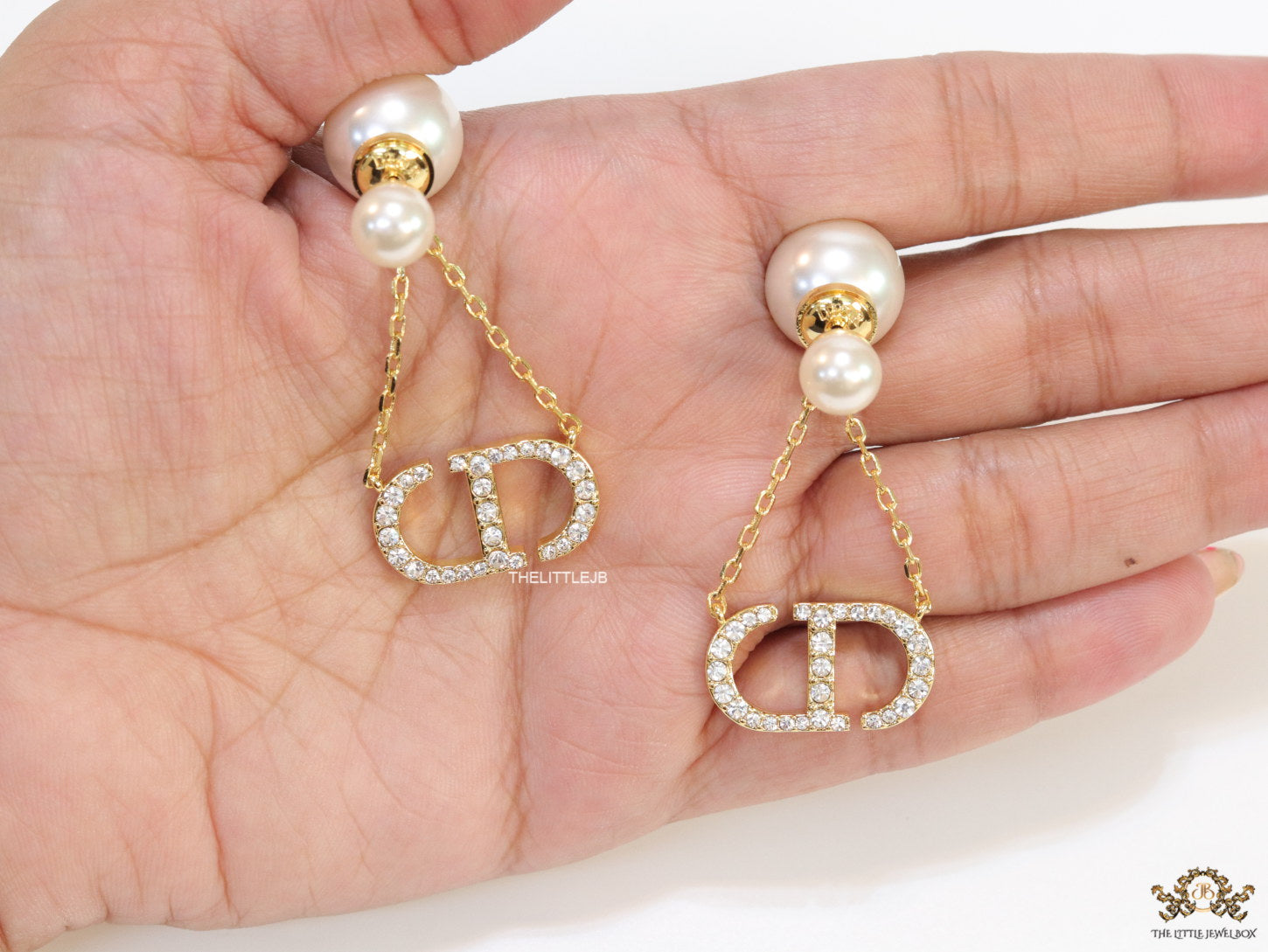 Pearl bomber earrings with cz alphabet initials in drop chains