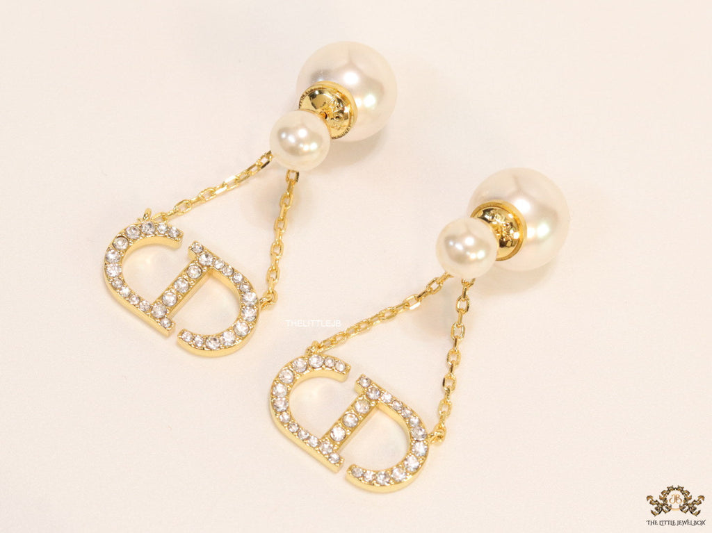 Pearl bomber earrings with cz alphabet initials in drop chains
