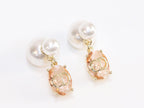 Alphabet C and D dangling baby pink stone pearl studs in rose gold finish