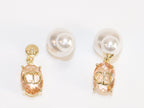 Alphabet C and D dangling baby pink stone pearl studs in rose gold finish