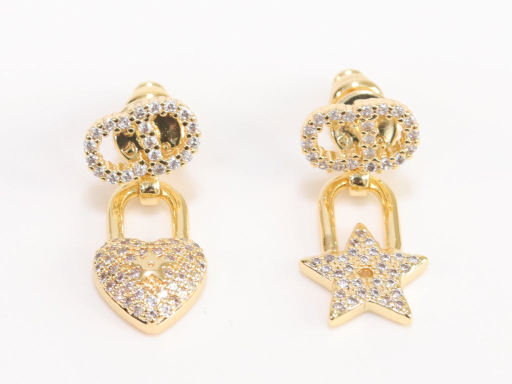 Alphabet C and D lock and star dangling stud in gold finish with cz