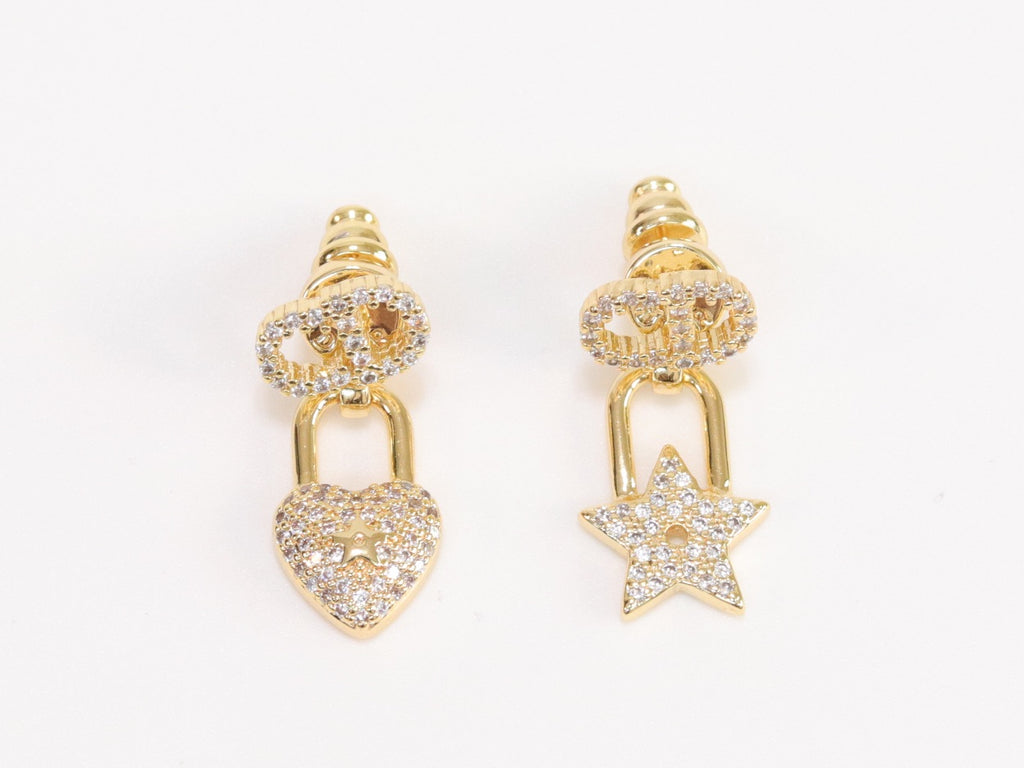 Alphabet C and D lock and star dangling stud in gold finish with cz