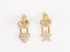 Alphabet C and D lock and star dangling stud in gold finish with cz