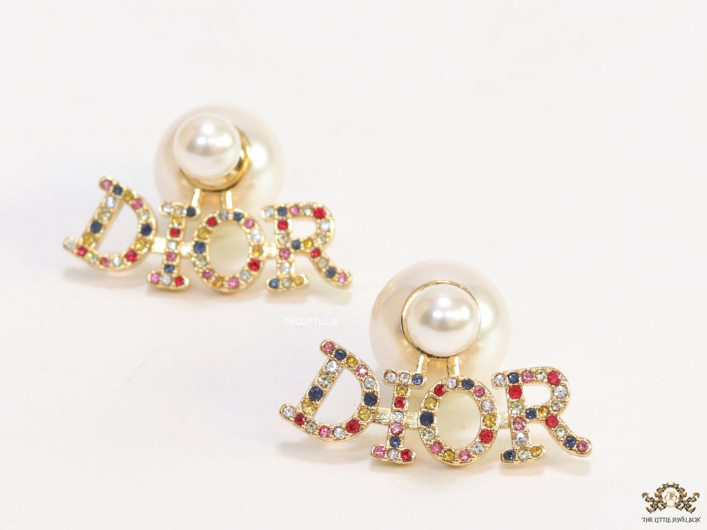 Pearl bomber earrings with golden and multi cz alphabet drop charms
