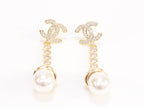 Double C long dangling earrings with pearls in gold finish