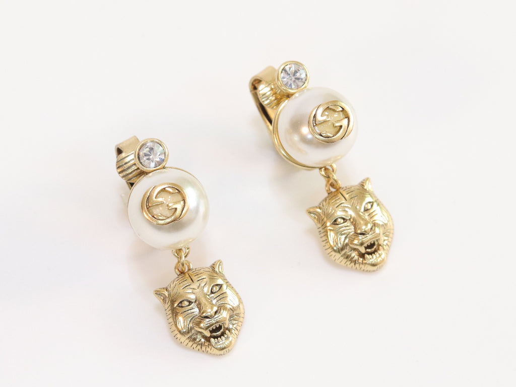 Double G panther pearl dangles in gold finish with CZ
