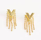 Alphabet v stud with dangles in gold finish