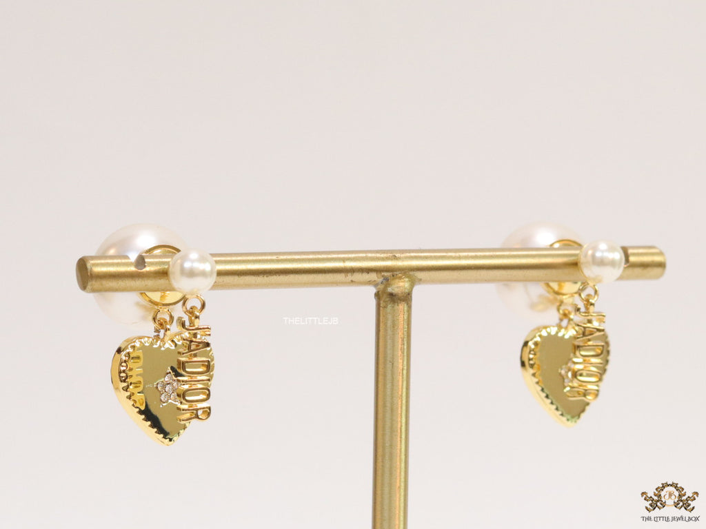 Golden heart earrings with detachable pearl bomber and alphabet tops