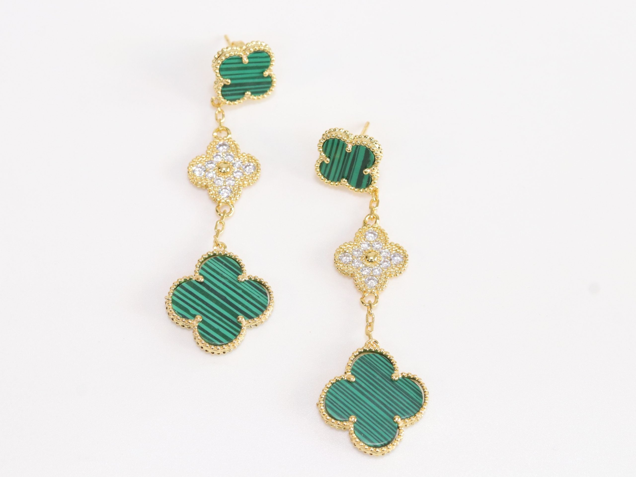 Green and gold cz long flower dangles - MOP / Clover / Malachite Design