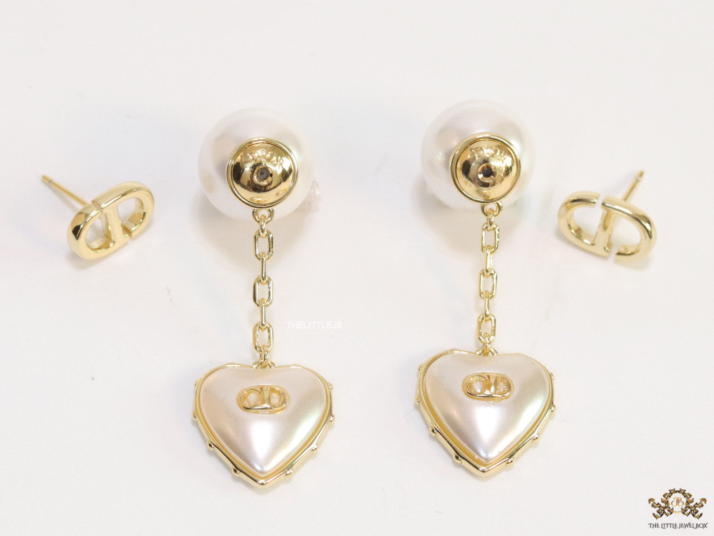 Gold plated CD and pearl top chain dangles with MOP hearts