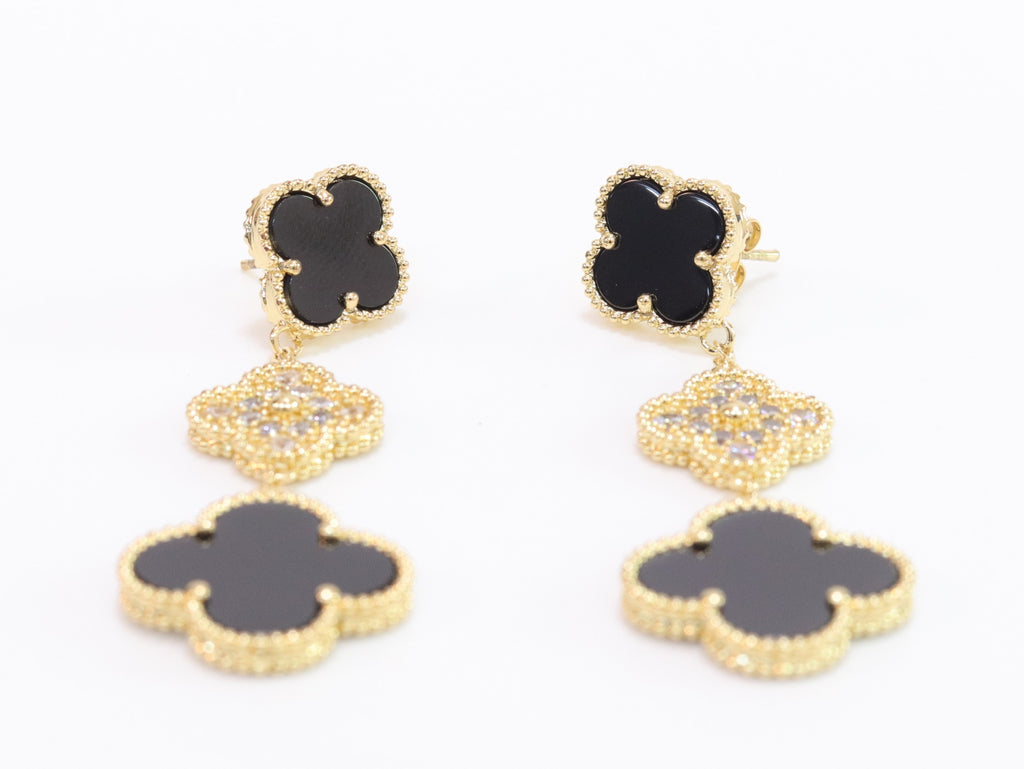 Black and gold cz long flower dangles - MOP / Clover Design