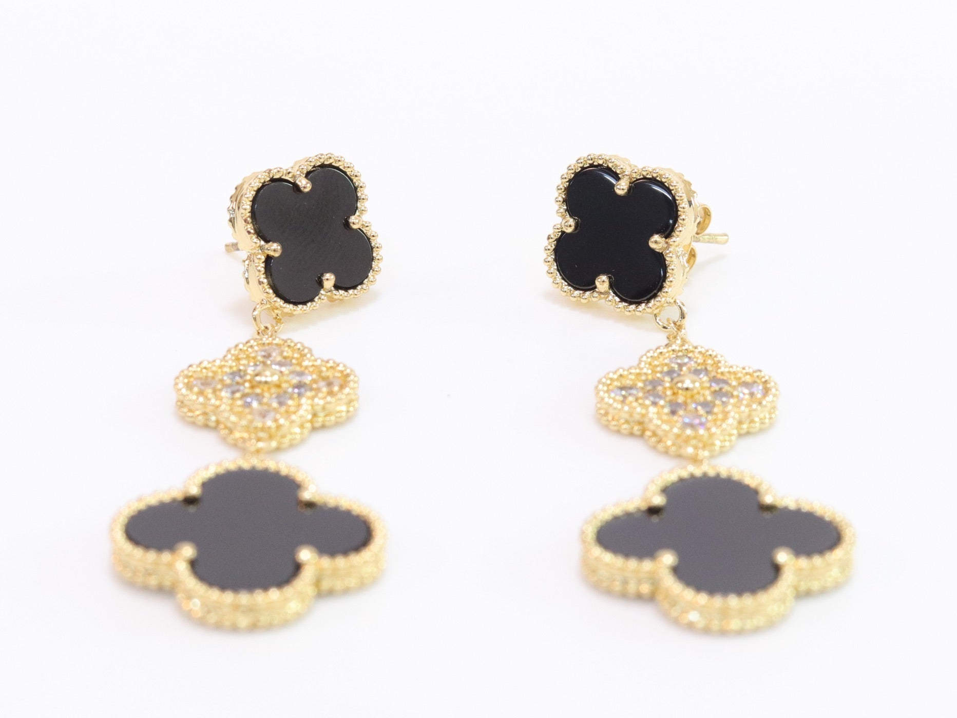 Black and gold cz long flower dangles - MOP / Clover Design