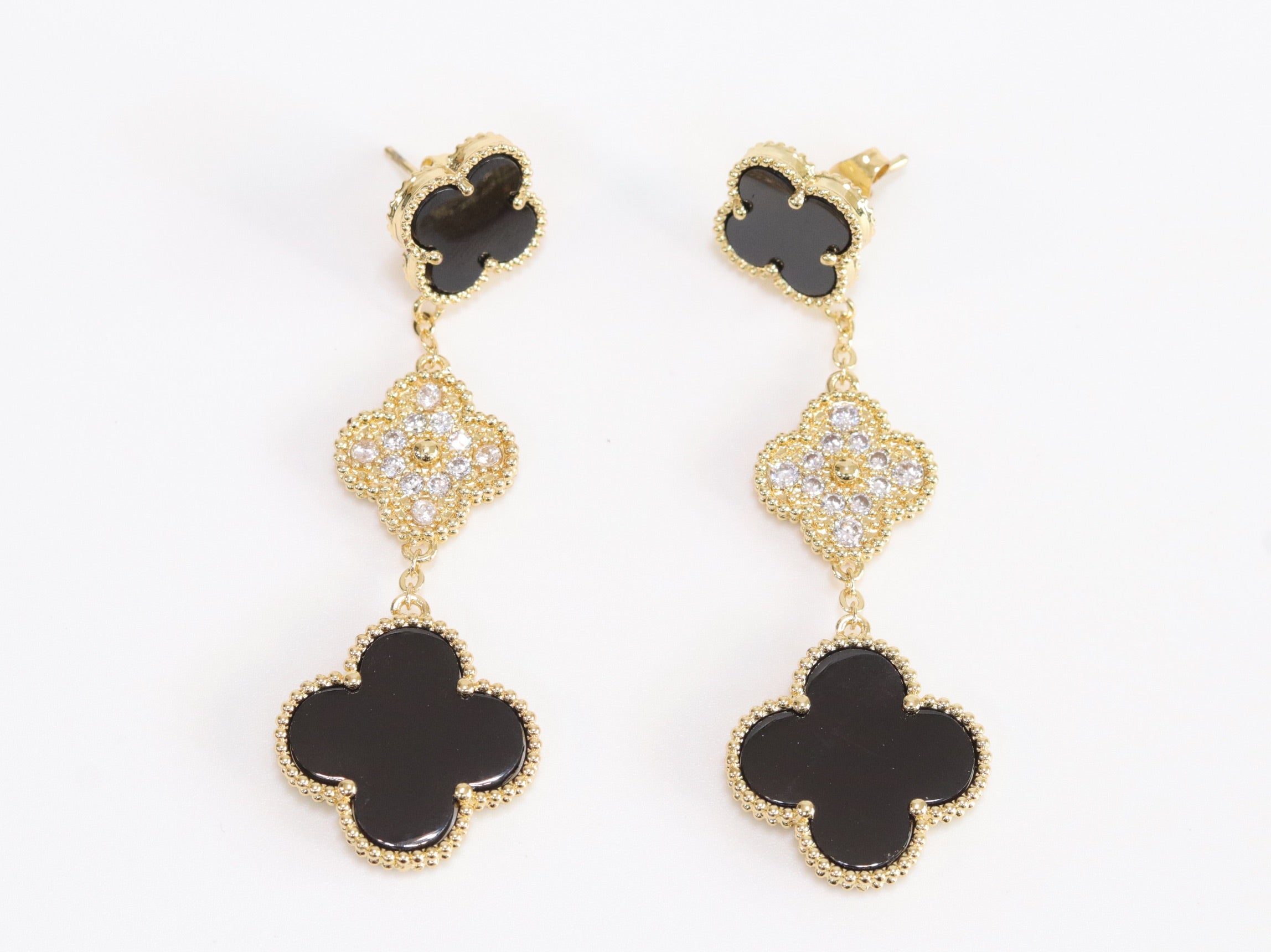 Black and gold cz long flower dangles - MOP / Clover Design