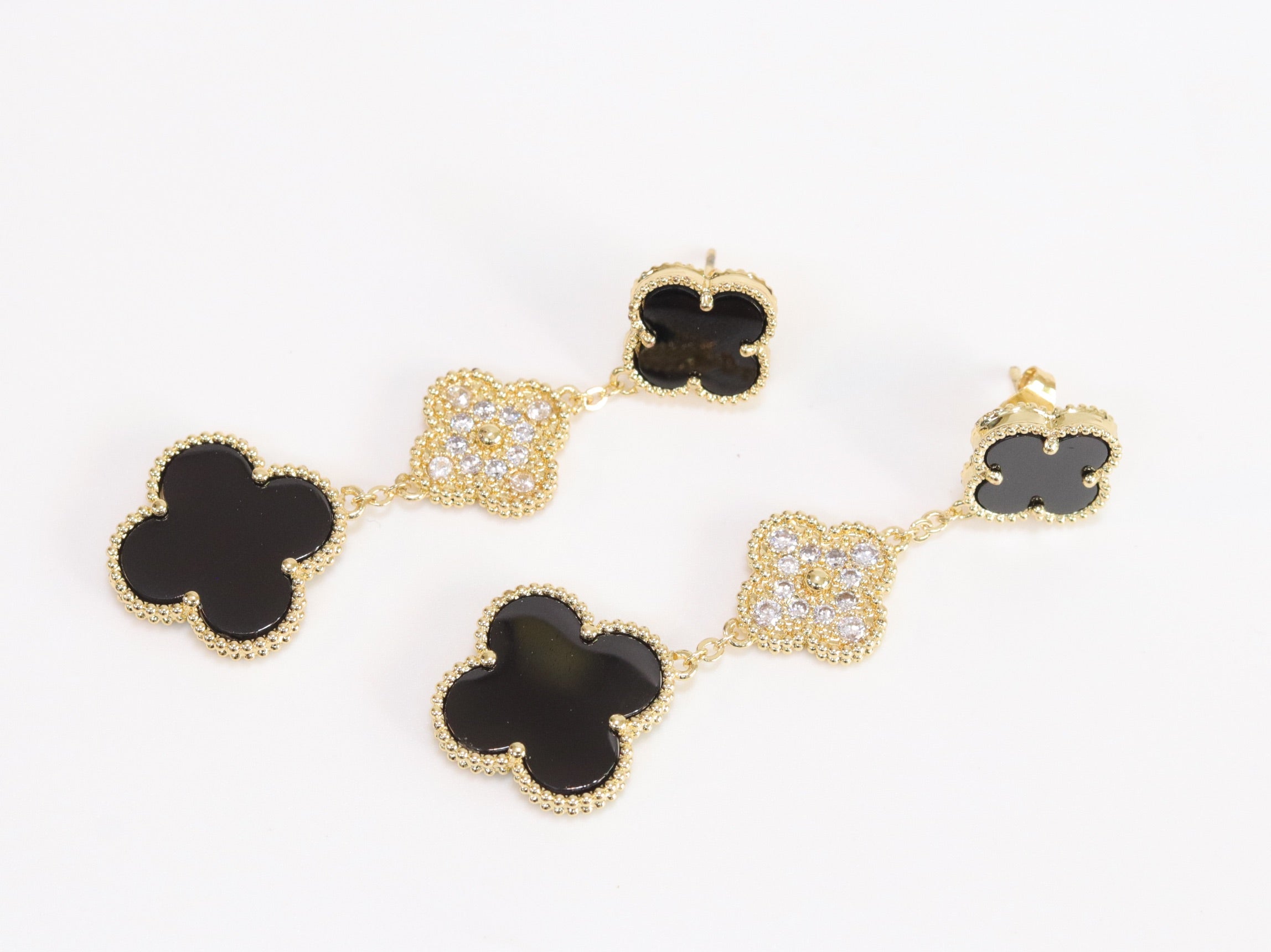Black and gold cz long flower dangles - MOP / Clover Design