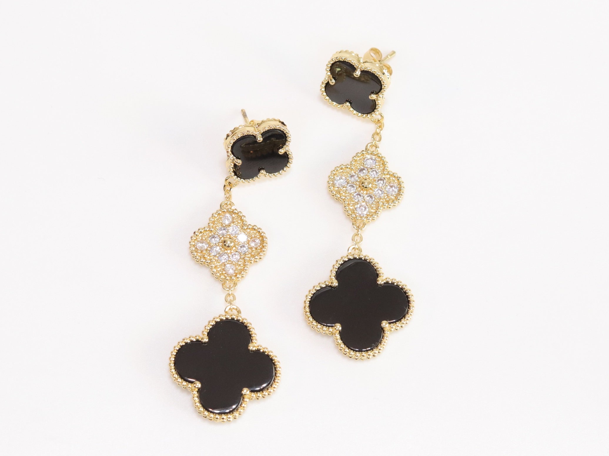 Black and gold cz long flower dangles - MOP / Clover Design