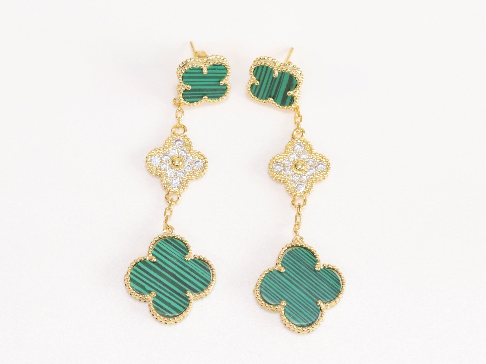 Green and gold cz long flower dangles - MOP / Clover / Malachite Design