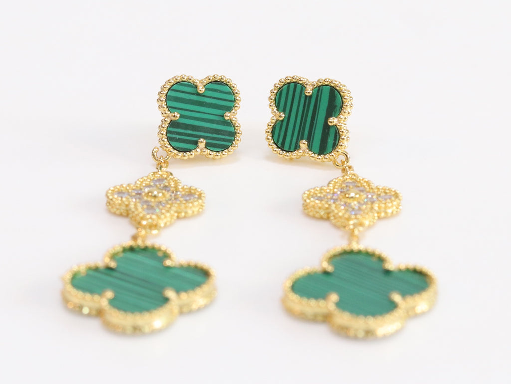 Green and gold cz long flower dangles - MOP / Clover / Malachite Design